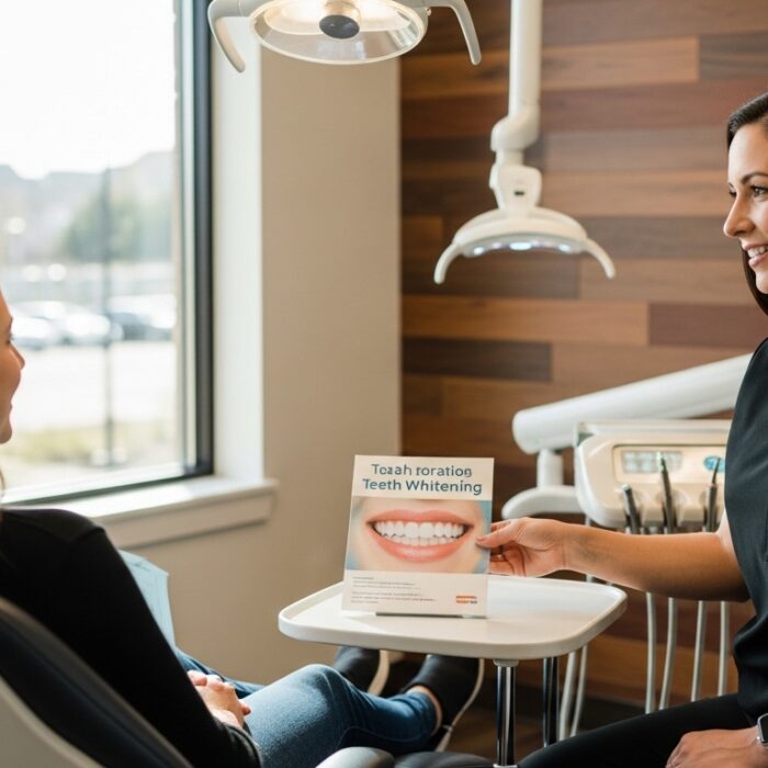 Patient consultation for teeth whitening in a modern dental office
