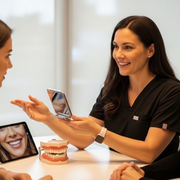 Dentist consulting a patient about cosmetic dentistry options in Kansas City