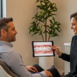 Dentist and patient discussing dental veneers in a Kansas City clinic.