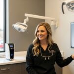 Dr. Anna Wilson in a modern dental office setting, consulting with a patient
