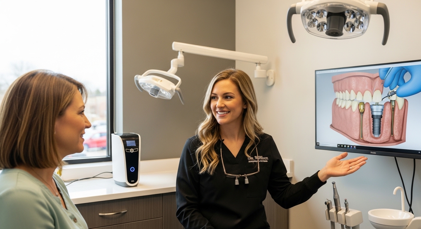 Dr. Anna Wilson in a modern dental office setting, consulting with a patient