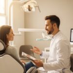 Patient consulting with a dentist in a modern dental office
