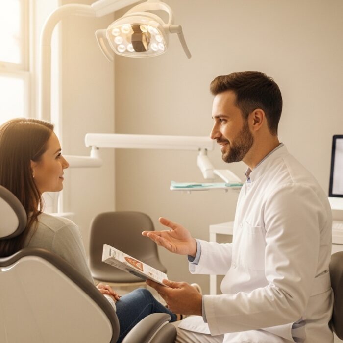 Patient consulting with a dentist in a modern dental office