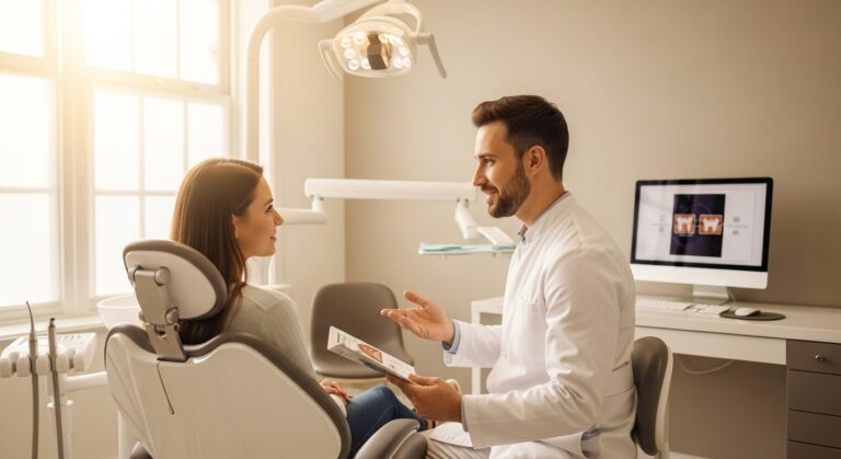 Patient consulting with a dentist in a modern dental office