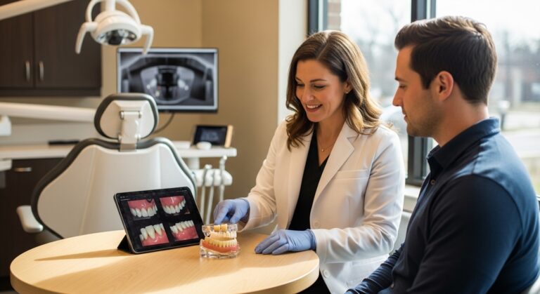 Dentist explaining crowns and veneers to a patient in a modern clinic
