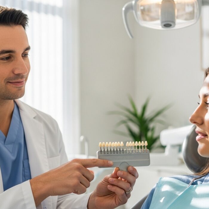 Dentist consulting a patient about teeth whitening options