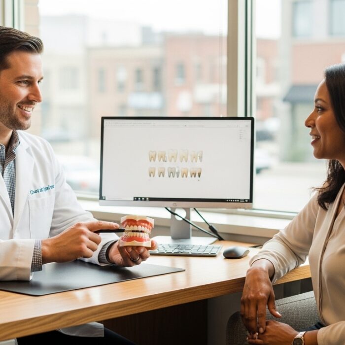 Dentist and patient discussing cosmetic dentistry options in Kansas City office