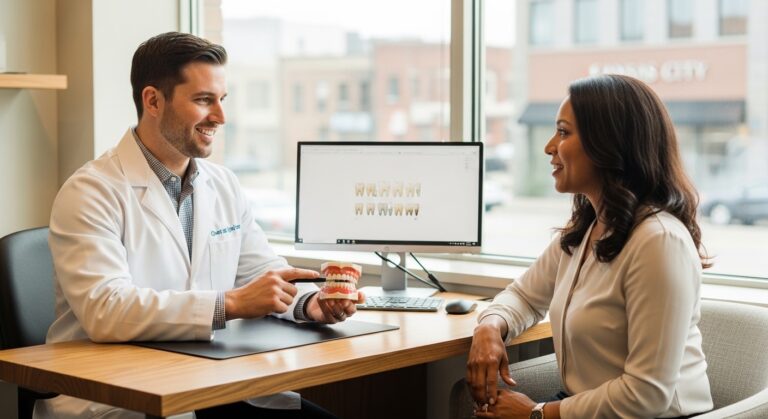 Dentist and patient discussing cosmetic dentistry options in Kansas City office
