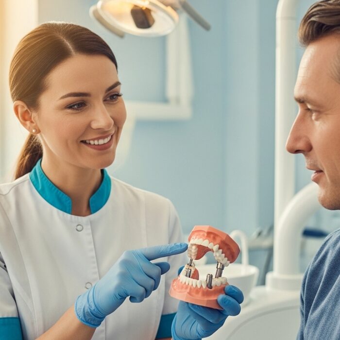 Dentist consulting with a patient in a modern dental office