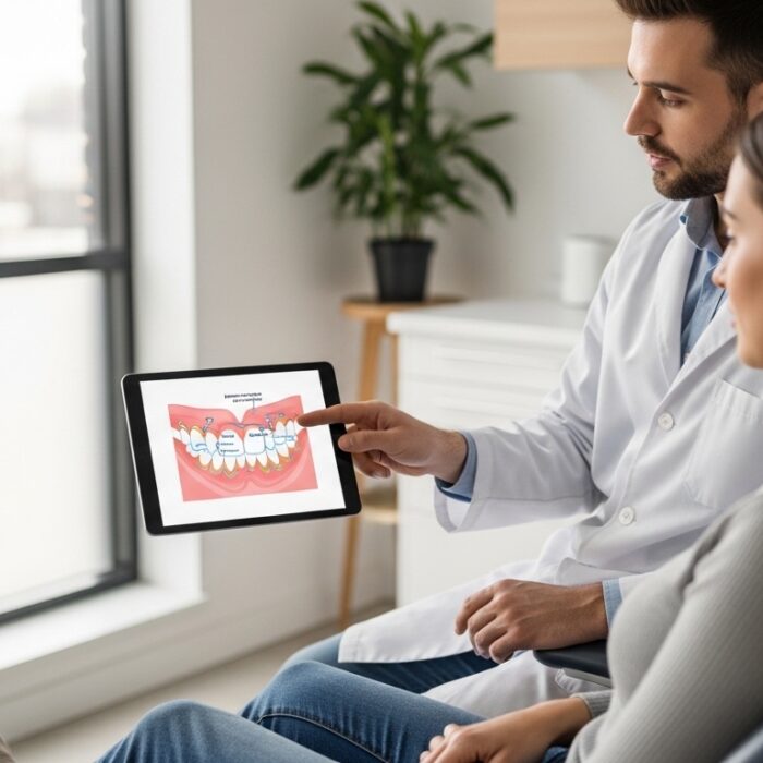 Dentist consulting with a patient in a modern dental office