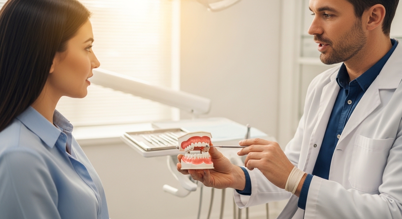 Dentist explaining dental deep cleaning to a patient in a professional setting