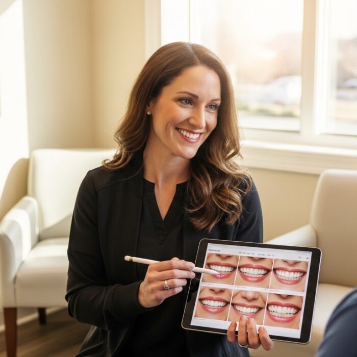 Cosmetic dentist consulting with a patient in a modern dental office