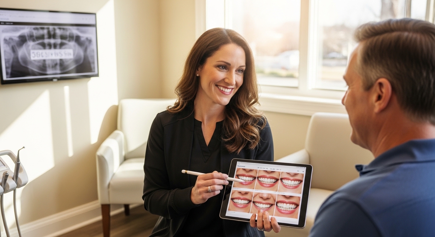 Cosmetic dentist consulting with a patient in a modern dental office