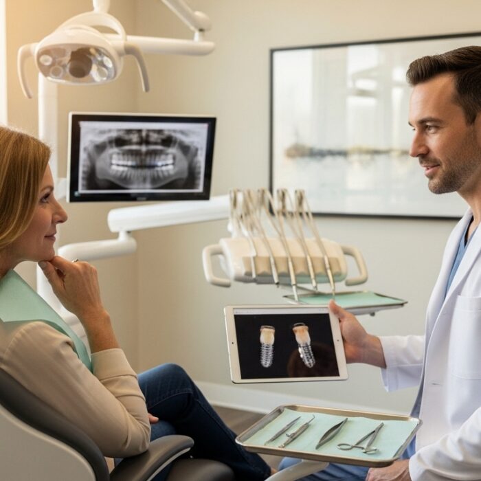 A dentist explaining dental implants to a patient in a Kansas City clinic.