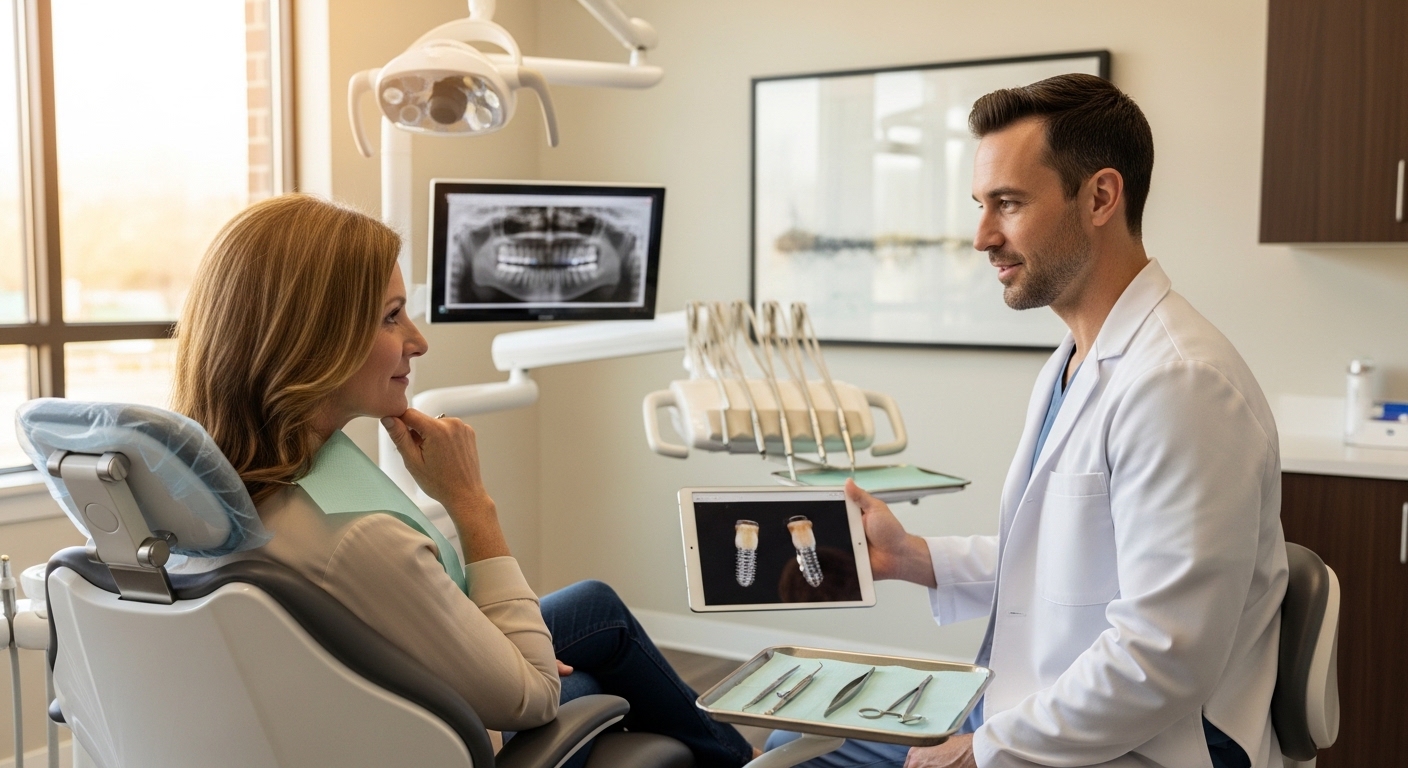 A dentist explaining dental implants to a patient in a Kansas City clinic.