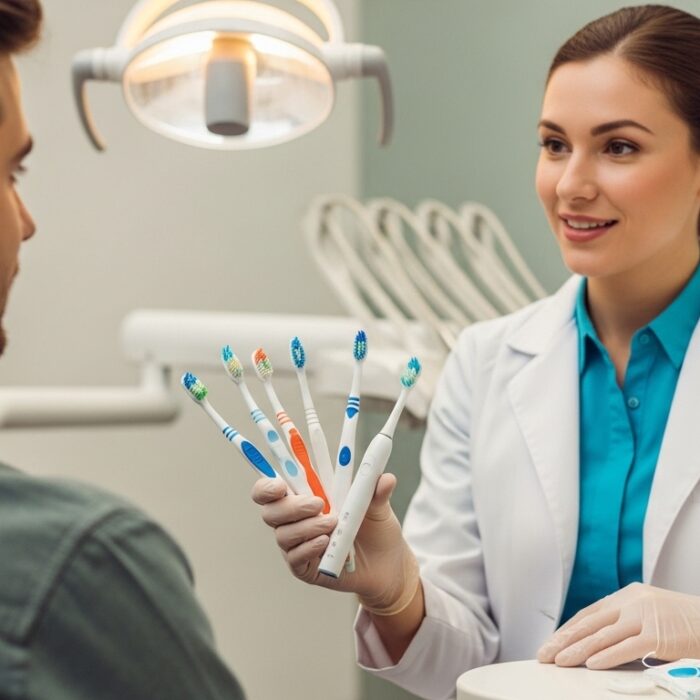 Dentist showing different toothbrush styles to a patient in a modern dental office.