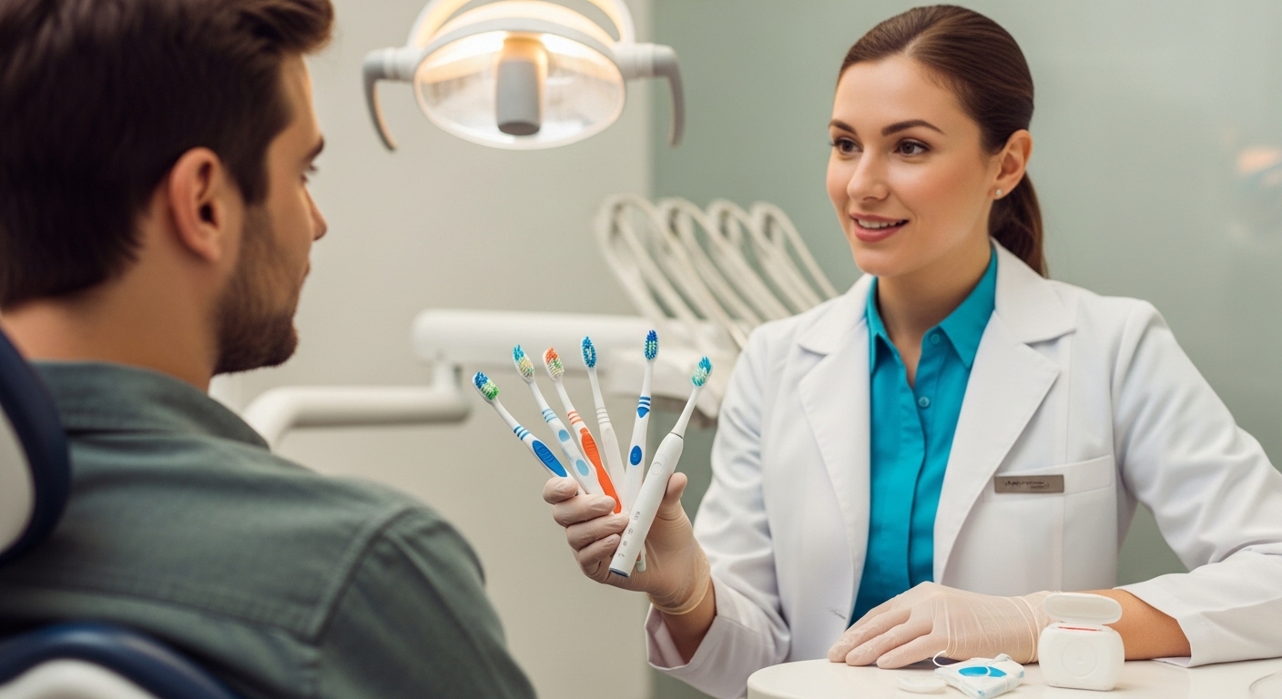 Dentist showing different toothbrush styles to a patient in a modern dental office.