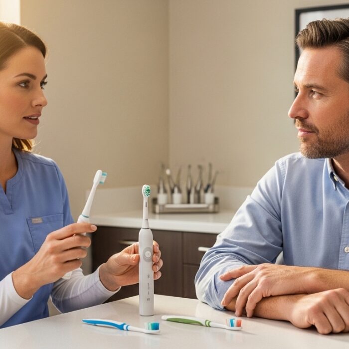 Dentist explaining electric versus manual toothbrushes to patient