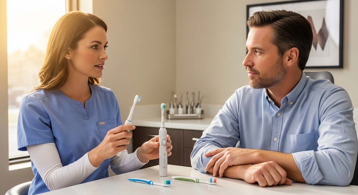 Dentist explaining electric versus manual toothbrushes to patient