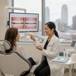 Patient consultation with dentist in modern clinic