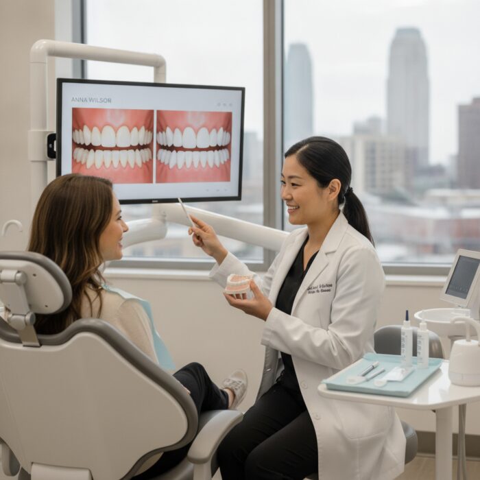 Patient consultation with dentist in modern clinic