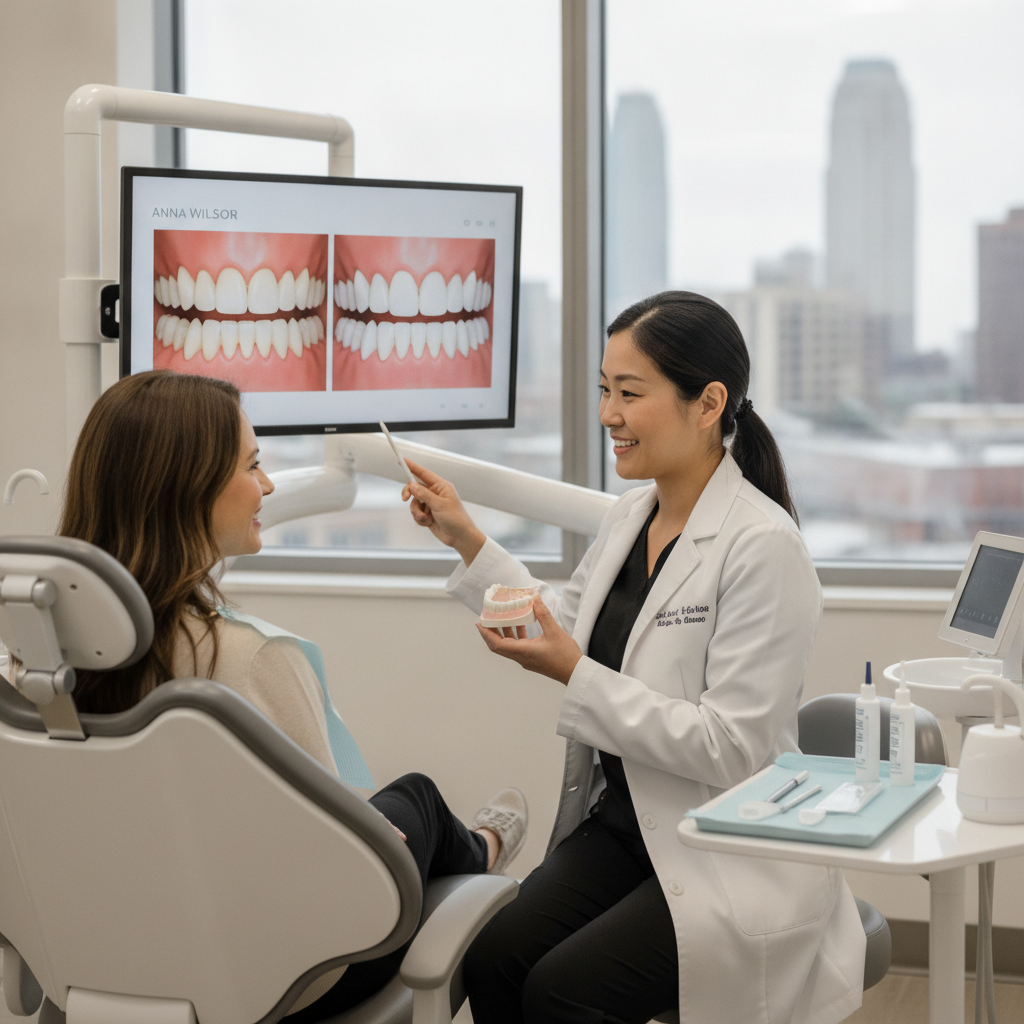 Patient consultation with dentist in modern clinic